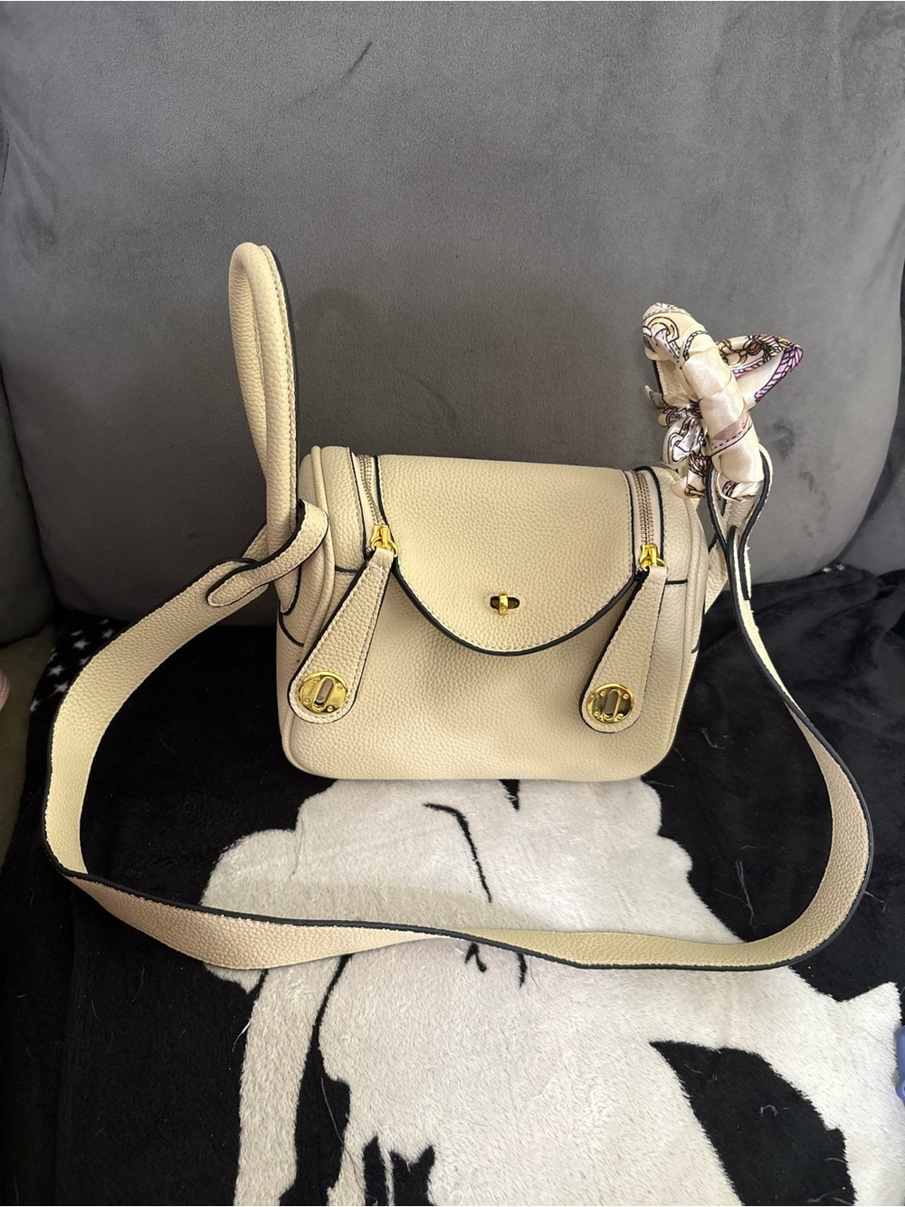 Cream Pebbled Leather Crossbody with Gold Hardware and Scarf Accent